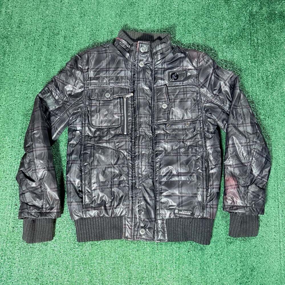 Y2K Peace In The World P-Stone Jacket Size Medium Grey Plaid Puffer